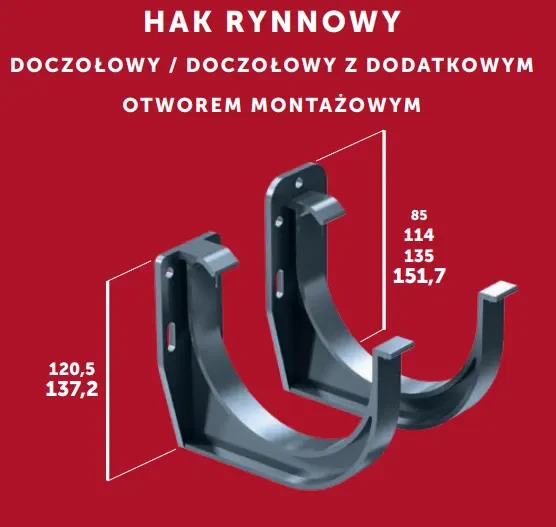Hak rynnowy BUDMAT Proaqua - wersja z dodatkowym otworem montażowym. Potocznie renajza lub rynajza.